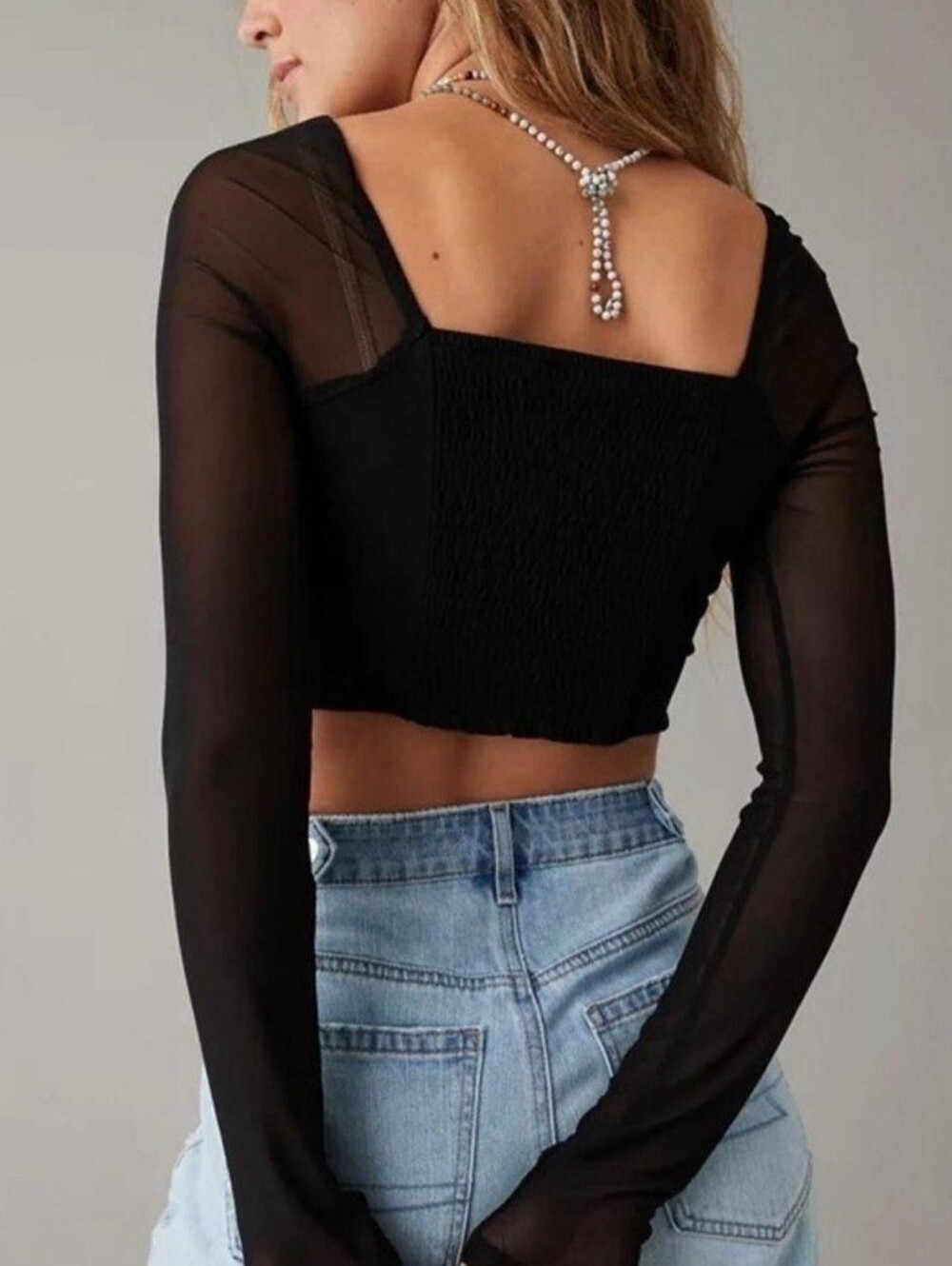 American Eagle Black Mesh Long Sleeve Crop Top Medium New - Picture 2 of 12